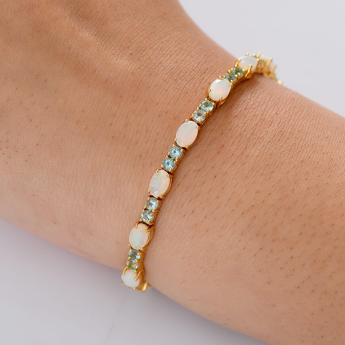D'Joy Premium Ethiopian Welo Opal and Betroka Blue Apatite 7.80 ctw Bracelet in 18K Vermeil Yellow Gold Over Sterling Silver (7.50 In) image number 2