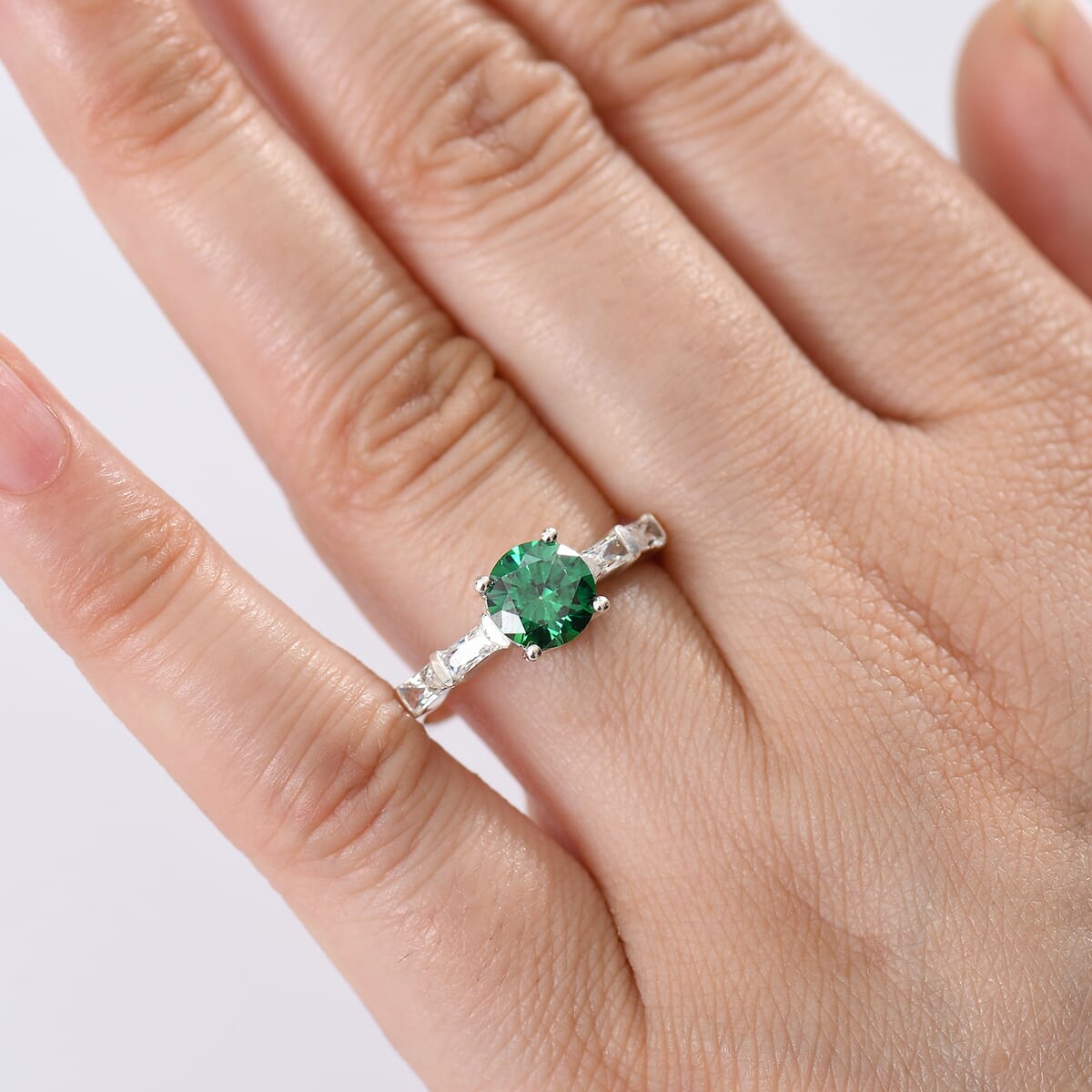 J Francis Embellished with Green and White Zirconia by Swarovski 3.00 ctw Ring in Platinum Over Sterling Silver (Size 7.0) image number 2