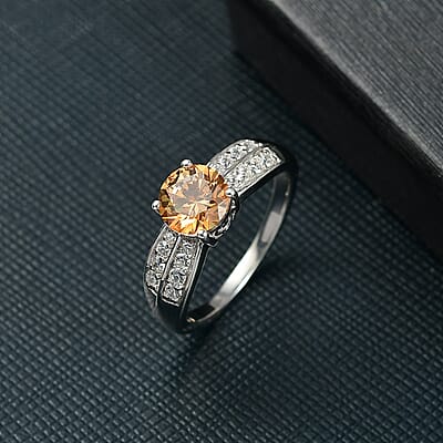 J Francis Embellished with Amber and White Zirconia by Swarovski 2.80 ctw Sunrise Ring in Rhodium Over Sterling Silver (Size 10.0)