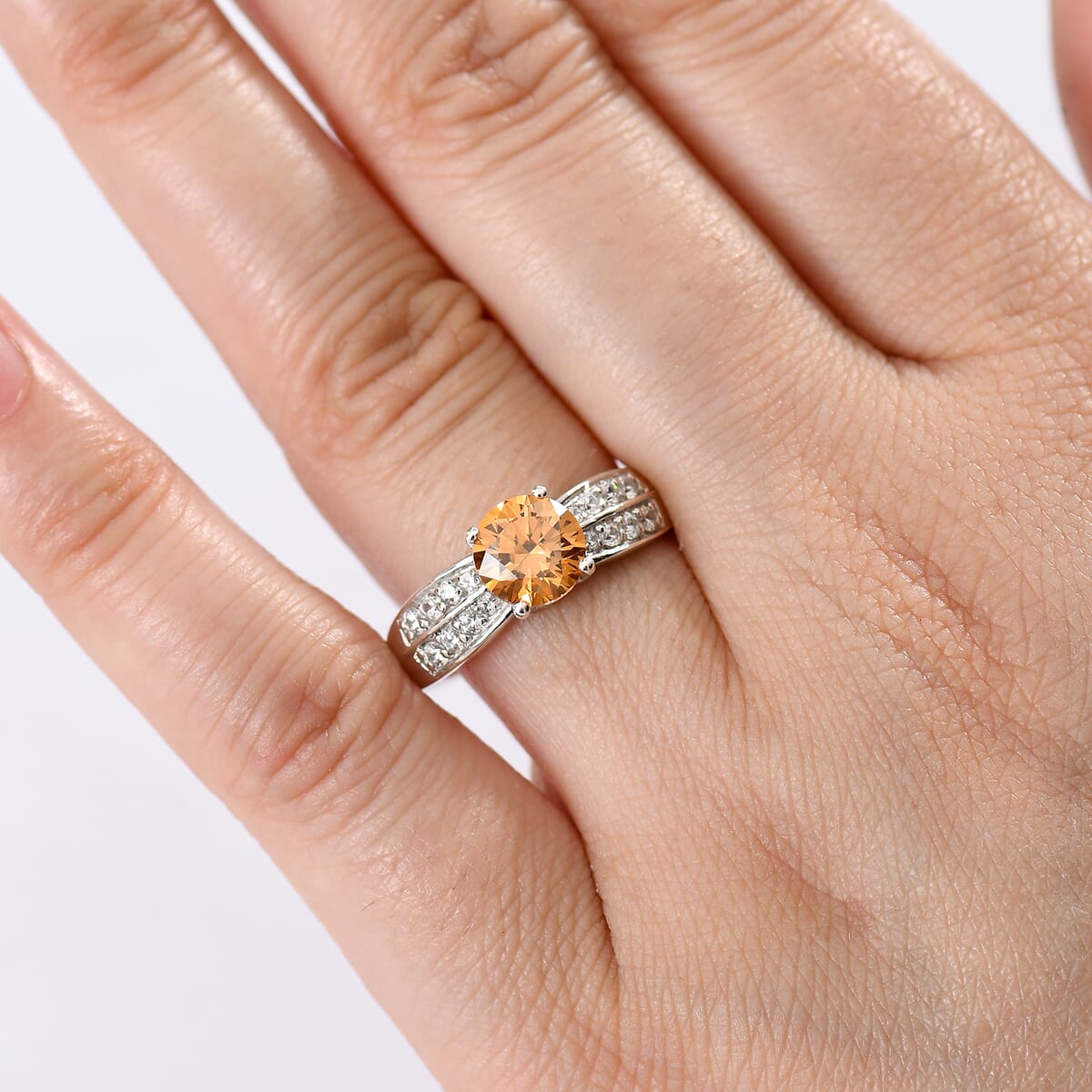 J Francis Embellished with Amber and White Zirconia by Swarovski Sunrise Ring in Rhodium Over Sterling Silver (Size 10.0) 2.80 ctw image number 2
