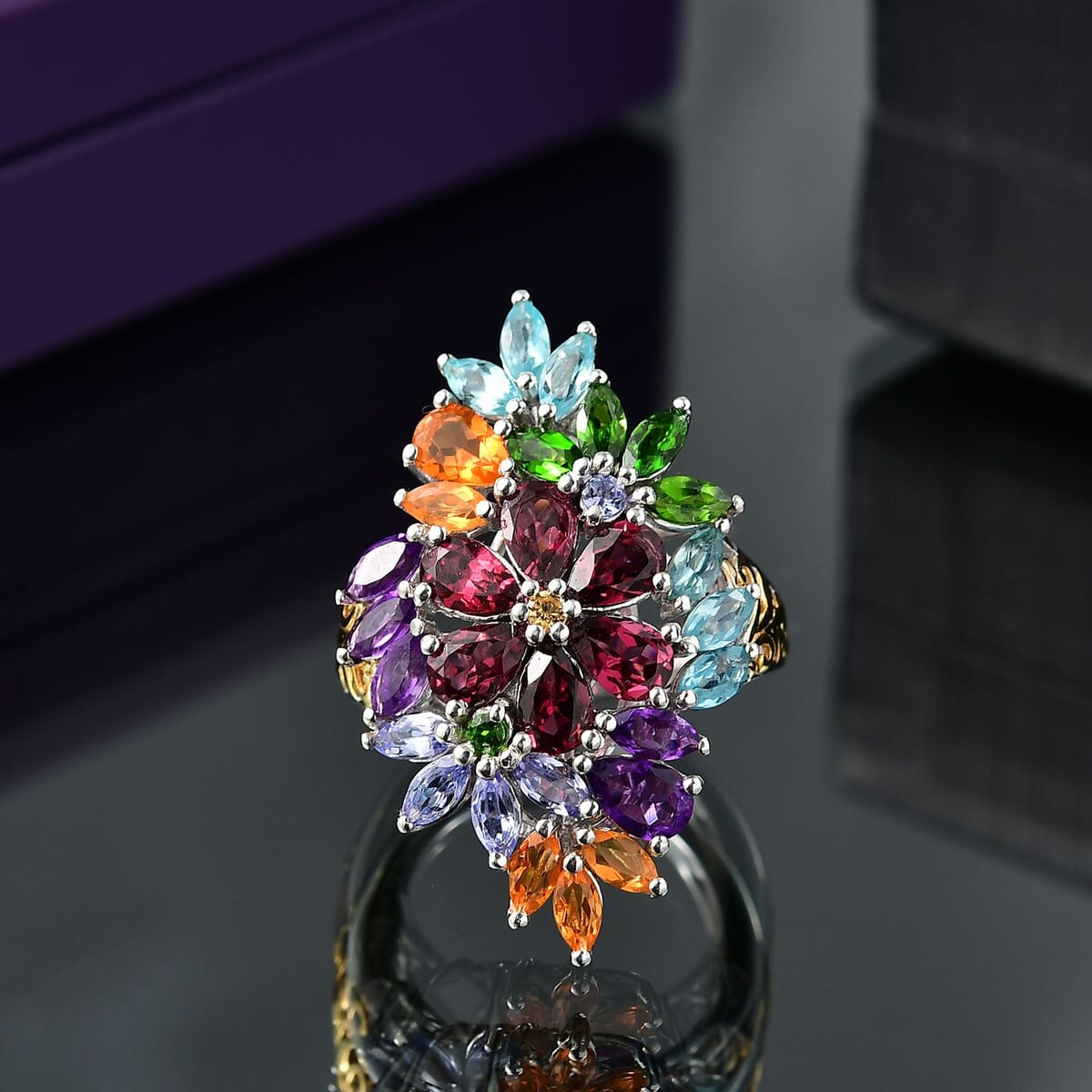 D'Joy Multi Gemstone 6.75 ctw Flowers Bouquet Ring in 18K Vermeil YG and Rhodium Over Sterling Silver (Size 10.0) image number 1