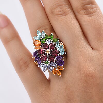 D'Joy Multi Gemstone 6.75 ctw Flowers Bouquet Ring in 18K Vermeil YG and Rhodium Over Sterling Silver (Size 10.0)