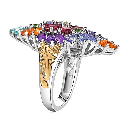 D'Joy Multi Gemstone 6.75 ctw Flowers Bouquet Ring in 18K Vermeil YG and Rhodium Over Sterling Silver (Size 10.0)