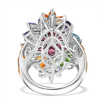 D'Joy Multi Gemstone 6.75 ctw Flowers Bouquet Ring in 18K Vermeil YG and Rhodium Over Sterling Silver (Size 10.0)