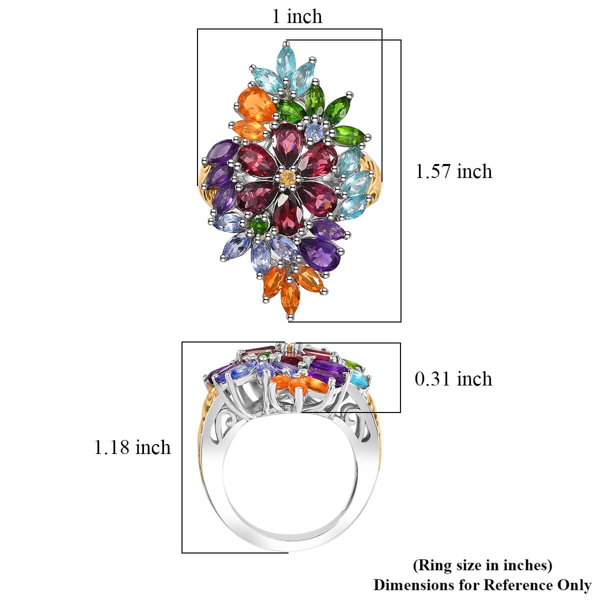 D'Joy Multi Gemstone 6.75 ctw Flowers Bouquet Ring in 18K Vermeil YG and Rhodium Over Sterling Silver (Size 10.0) image number 3