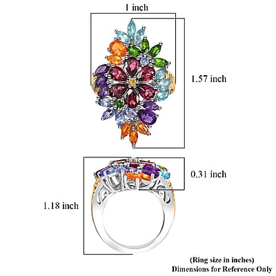 D'Joy Multi Gemstone 6.75 ctw Flowers Bouquet Ring in 18K Vermeil YG and Rhodium Over Sterling Silver (Size 10.0)
