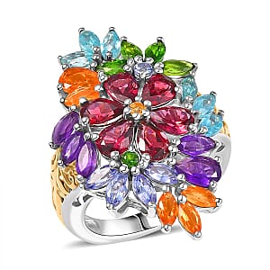 D'Joy Multi Gemstone 6.75 ctw Flowers Bouquet Ring in 18K Vermeil YG and Rhodium Over Sterling Silver (Size 6.0)