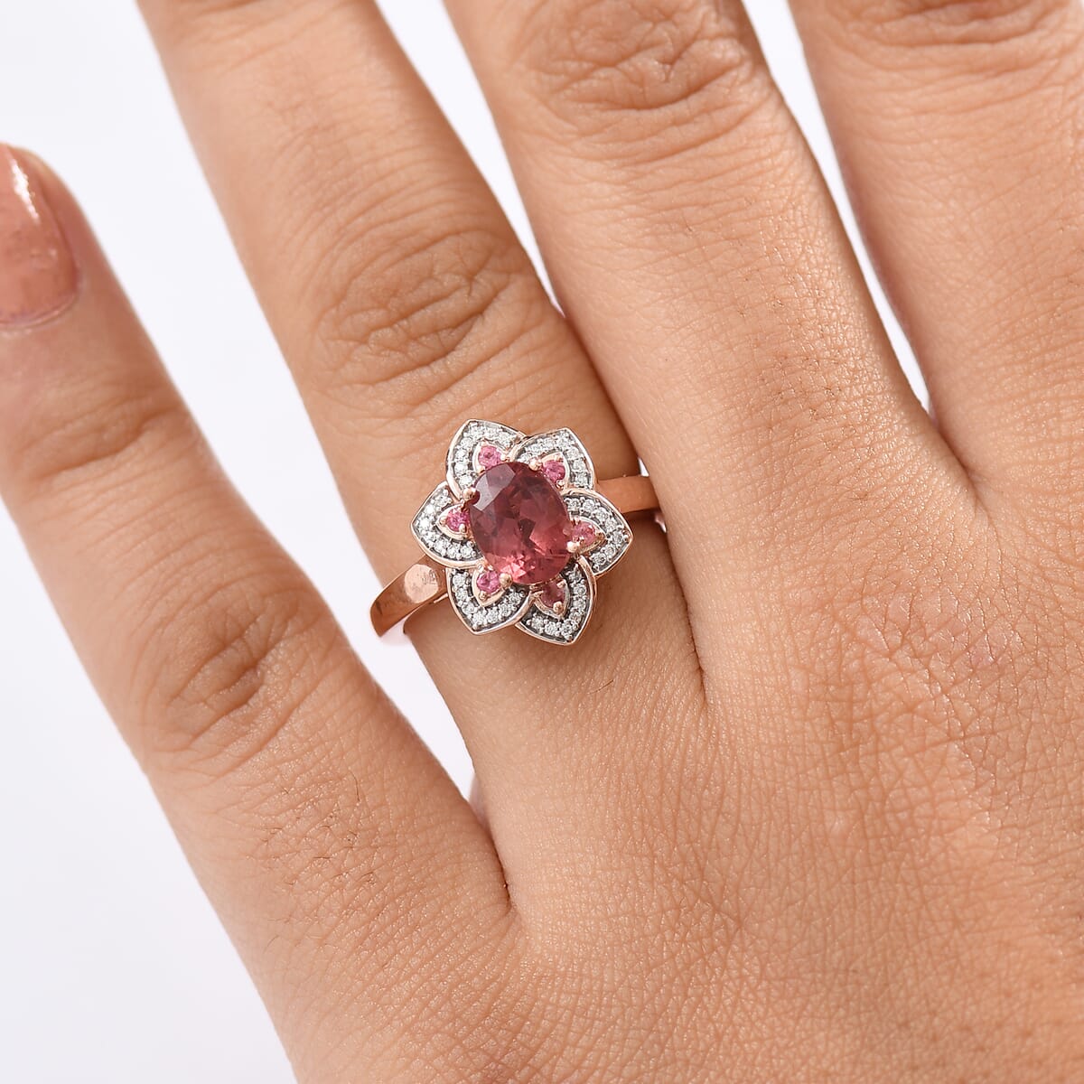 D’Joy Red Apatite and Multi Gemstone 1.60 ctw Lotus Bloom Ring in 18K Vermeil Rose Gold Over Sterling Silver (Size 7.0) image number 2