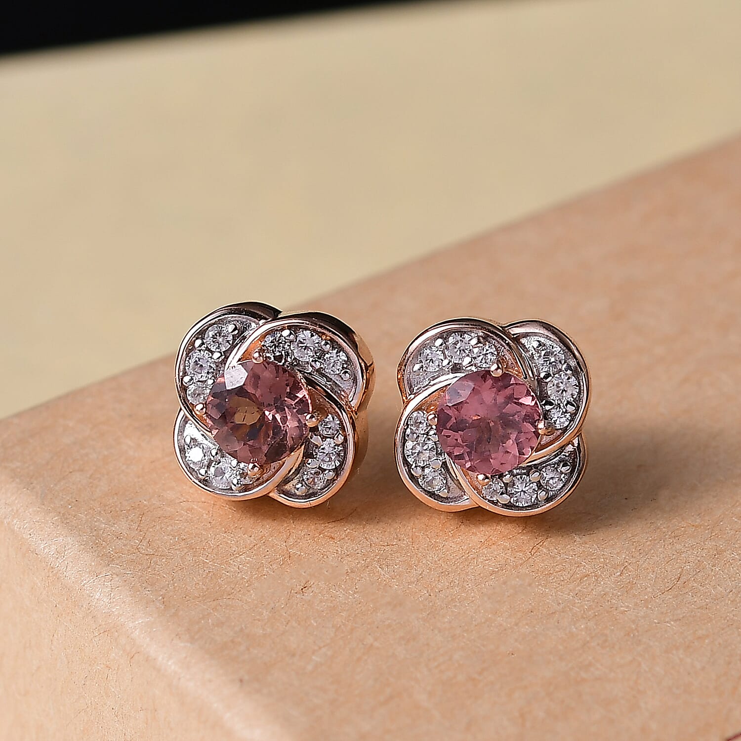D'Joy Red Apatite and White Zircon 1.35 ctw Flame Bloom Stud Earrings in 18K Vermeil Rose Gold Over Sterling Silver