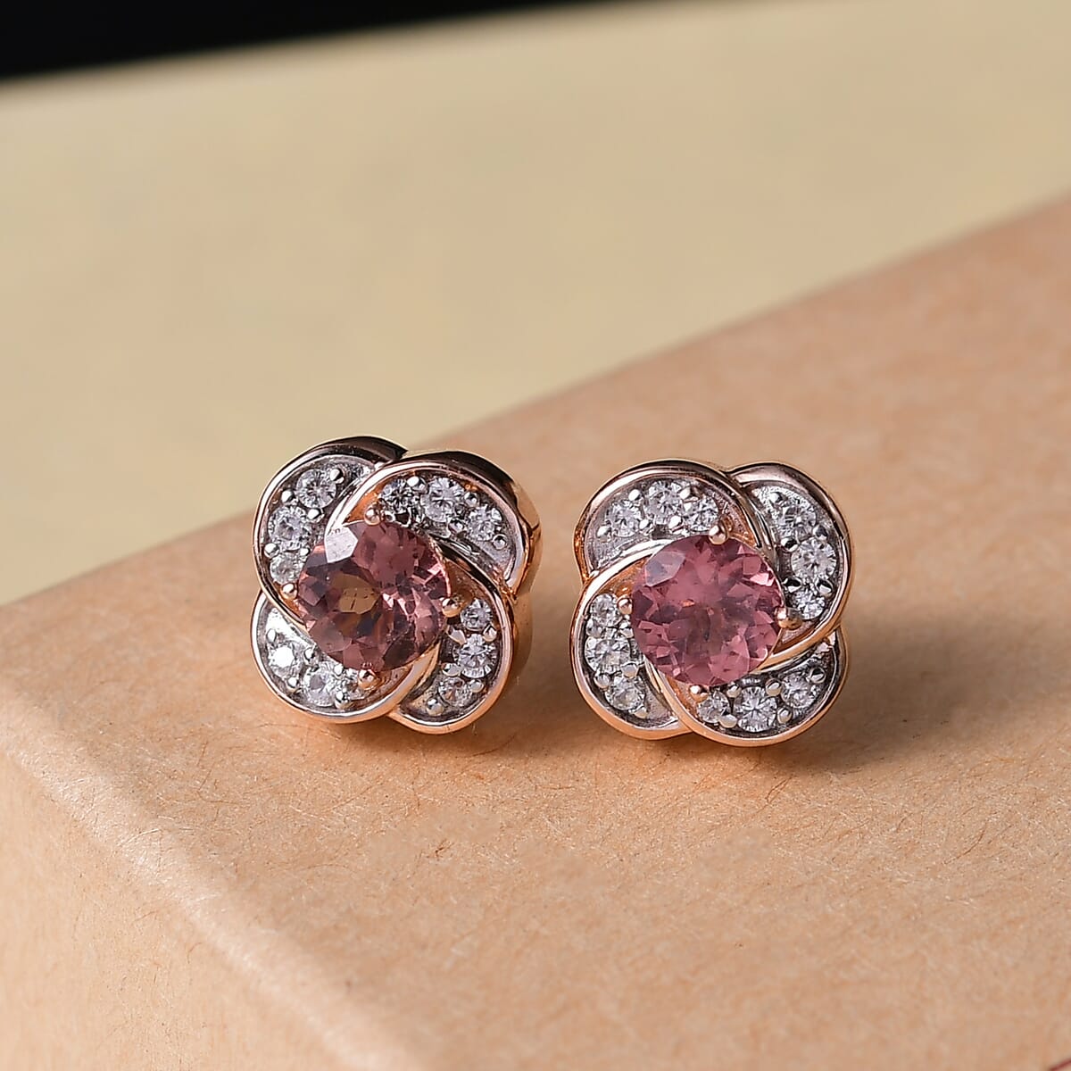 D’Joy Red Apatite and White Zircon 1.35 ctw Floral Stud Earrings in 18K Vermeil Rose Gold Over Sterling Silver image number 1