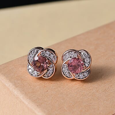 D'Joy Red Apatite and White Zircon 1.35 ctw Flame Bloom Stud Earrings in 18K Vermeil Rose Gold Over Sterling Silver