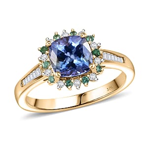 Luxoro 10K Yellow Gold AAA Peacock Tanzanite, Boyaca Colombian Emerald and Diamond (G-H, I2) (0.19 cts) Sunburst Ring (Size 10.0) 1.90 ctw