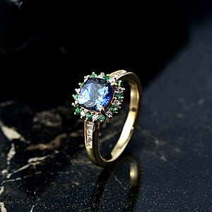 Luxoro AAA Peacock Tanzanite, Boyaca Colombian Emerald and Diamond Sunburst Ring in 10K Yellow Gold 1.90 ctw (Size 10.0)