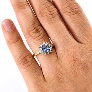 Luxoro AAA Peacock Tanzanite, Boyaca Colombian Emerald and Diamond Sunburst Ring in 10K Yellow Gold 1.90 ctw (Size 10.0)