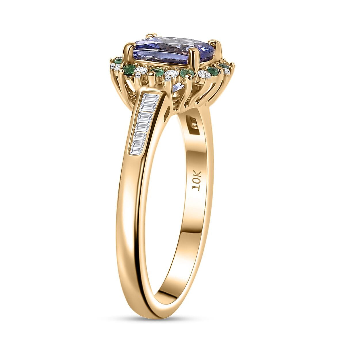 Luxoro 10K Yellow Gold AAA Peacock Tanzanite, Boyaca Colombian Emerald and Diamond (G-H, I2) (0.19 cts) Sunburst Ring (Size 10.0) 1.90 ctw image number 3