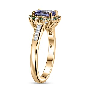 Luxoro AAA Peacock Tanzanite, Boyaca Colombian Emerald and Diamond Sunburst Ring in 10K Yellow Gold 1.90 ctw (Size 10.0)
