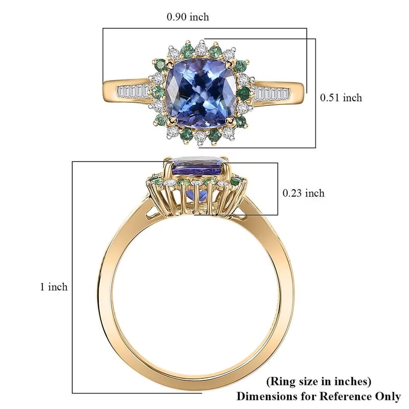 Luxoro AAA Peacock Tanzanite, Boyaca Colombian Emerald and Diamond Sunburst Ring in 10K Yellow Gold 1.90 ctw (Size 10.0)