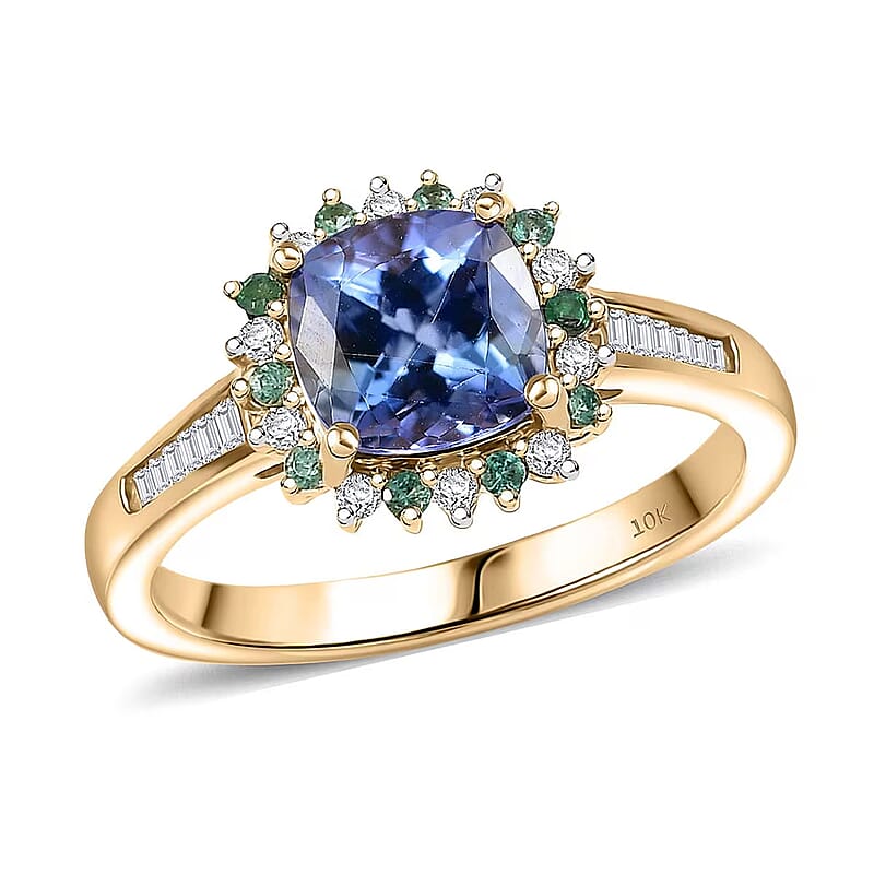 Luxoro AAA Peacock Tanzanite, Boyaca Colombian Emerald and Diamond Sunburst Ring in 10K Yellow Gold 1.90 ctw (Size 12.0)