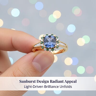 Luxoro AAA Peacock Tanzanite, Boyaca Colombian Emerald and Diamond Sunburst Ring in 10K Yellow Gold 1.90 ctw (Size 12.0)