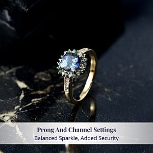 Luxoro AAA Peacock Tanzanite, Boyaca Colombian Emerald and Diamond Sunburst Ring in 10K Yellow Gold 1.90 ctw (Size 7.0)