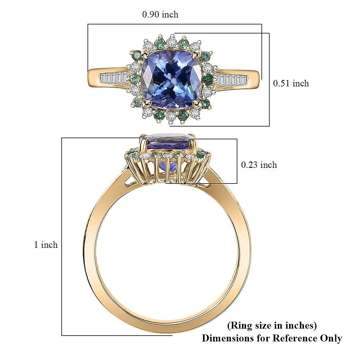 Luxoro AAA Peacock Tanzanite, Boyaca Colombian Emerald and Diamond Sunburst Ring in 10K Yellow Gold 1.90 ctw (Size 7.0) image number 5
