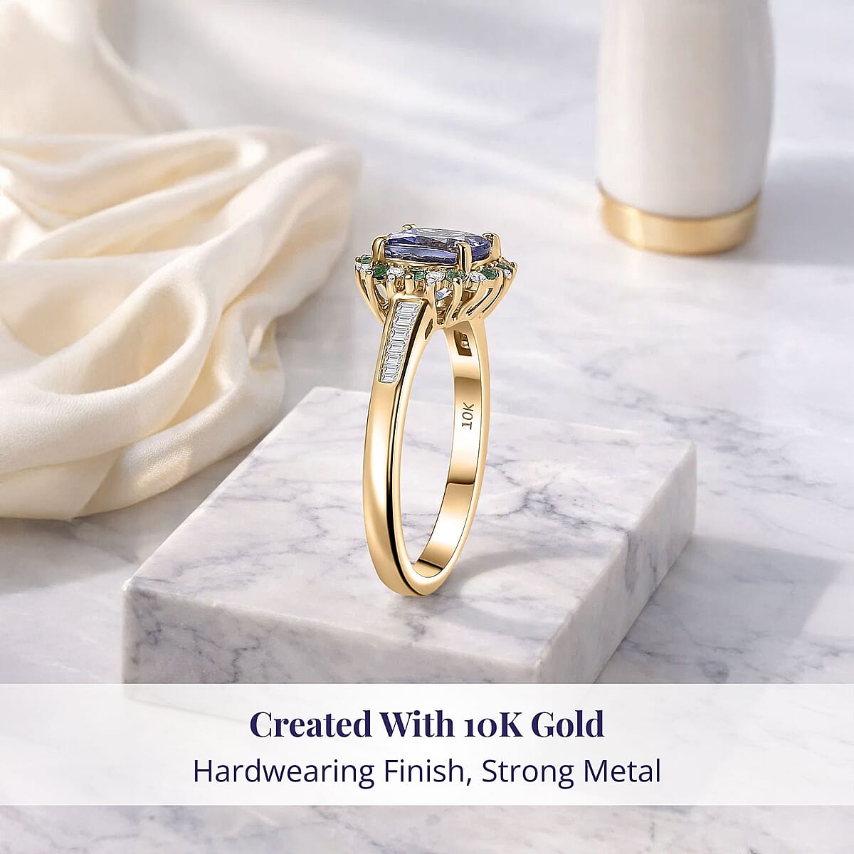 Luxoro AAA Peacock Tanzanite, Boyaca Colombian Emerald and Diamond Sunburst Ring in 10K Yellow Gold 1.90 ctw (Size 7.5) image number 2