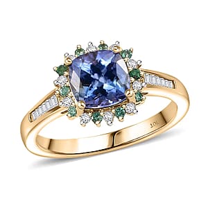 Luxoro AAA Peacock Tanzanite, Boyaca Colombian Emerald and Diamond Sunburst Ring in 10K Yellow Gold 1.90 ctw (Size 9.0)