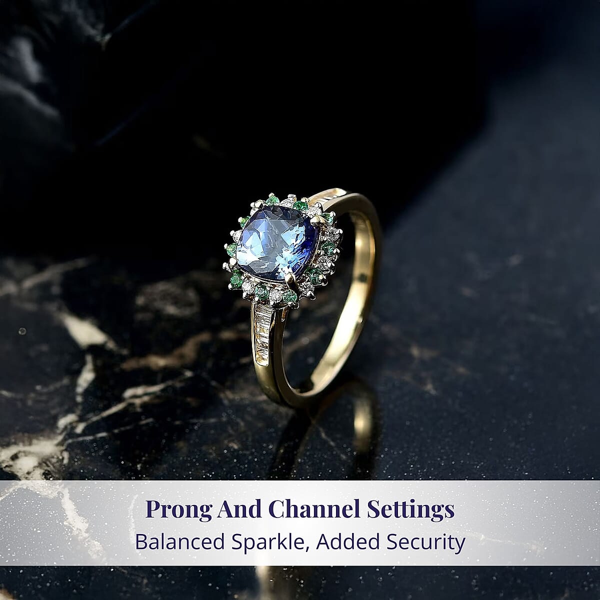 Luxoro AAA Peacock Tanzanite, Boyaca Colombian Emerald and Diamond Sunburst Ring in 10K Yellow Gold 1.90 ctw (Size 9.5) image number 3