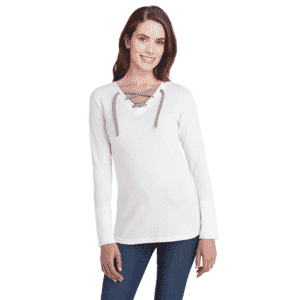 LAT White Long Sleeve Lace-Up Cotton Blend Fine Jersey Tee - L