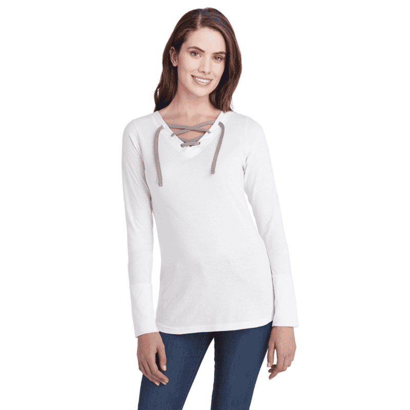 LAT White Long Sleeve Lace-Up Cotton Blend Fine Jersey Tee - L