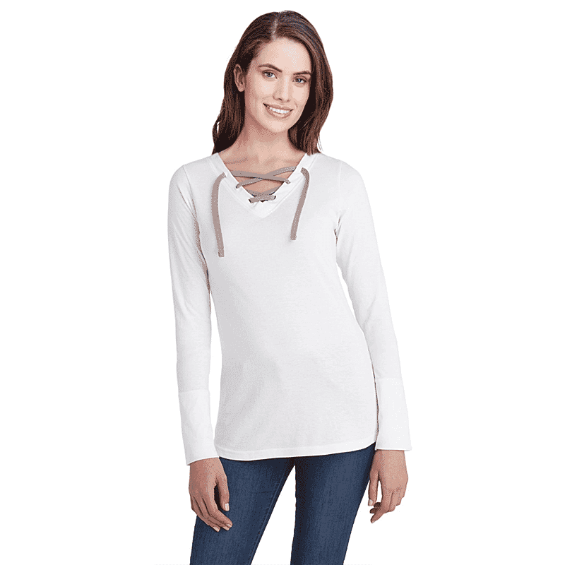 LAT White Long Sleeve Lace-Up Cotton Blend Fine Jersey Tee - L