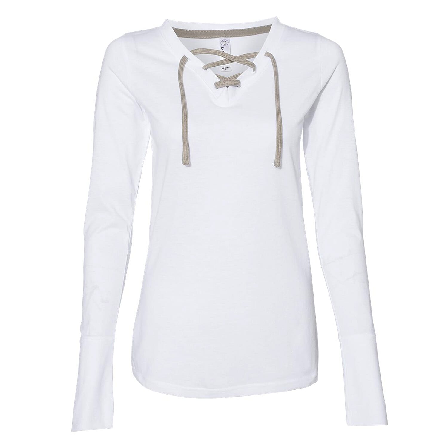 LAT White Long Sleeve Lace-Up Cotton Blend Fine Jersey Tee - L