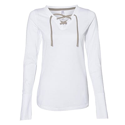 LAT White Long Sleeve Lace-Up Cotton Blend Fine Jersey Tee - L