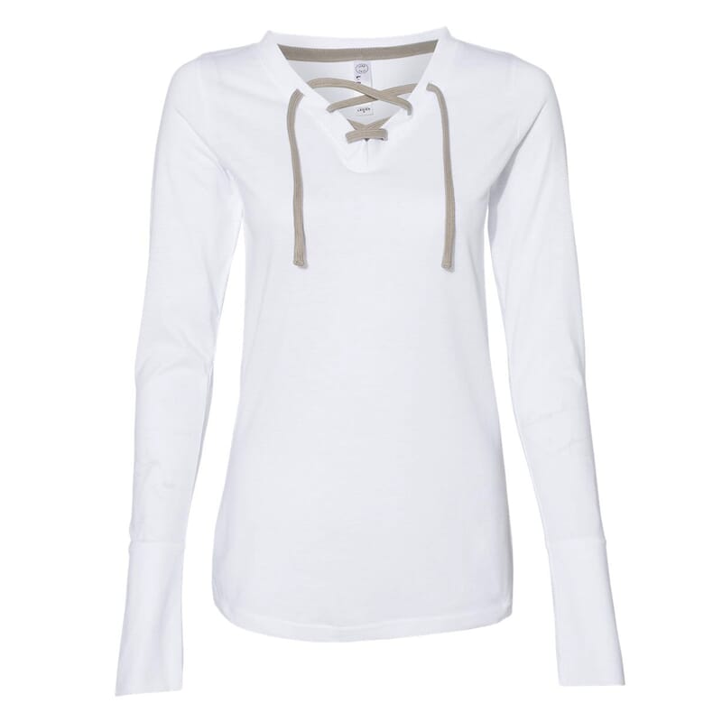 LAT White Long Sleeve Lace-Up Cotton Blend Fine Jersey Tee - L