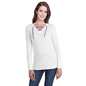LAT White Long Sleeve Lace-Up Cotton Blend Fine Jersey Tee - M