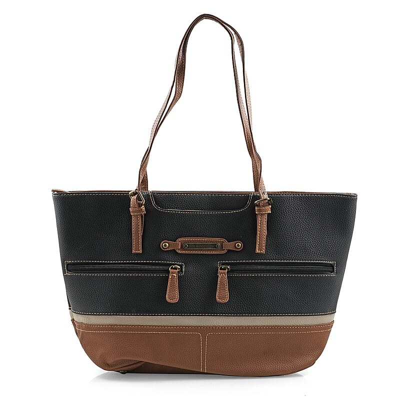 Stone Mountain Black & Tan Leather Zipper Tote Bag (17x12.25x3)