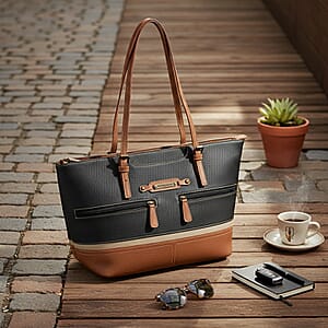Stone Mountain Black & Tan Leather Zipper Tote Bag (17x12.25x3)