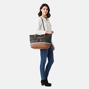Stone Mountain Black & Tan Leather Zipper Tote Bag (17x12.25x3)