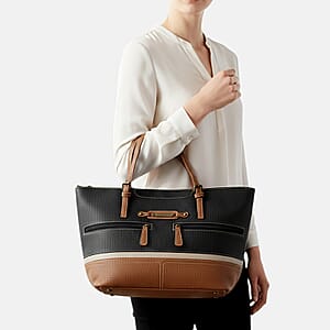 Stone Mountain Black & Tan Leather Zipper Tote Bag (17x12.25x3)
