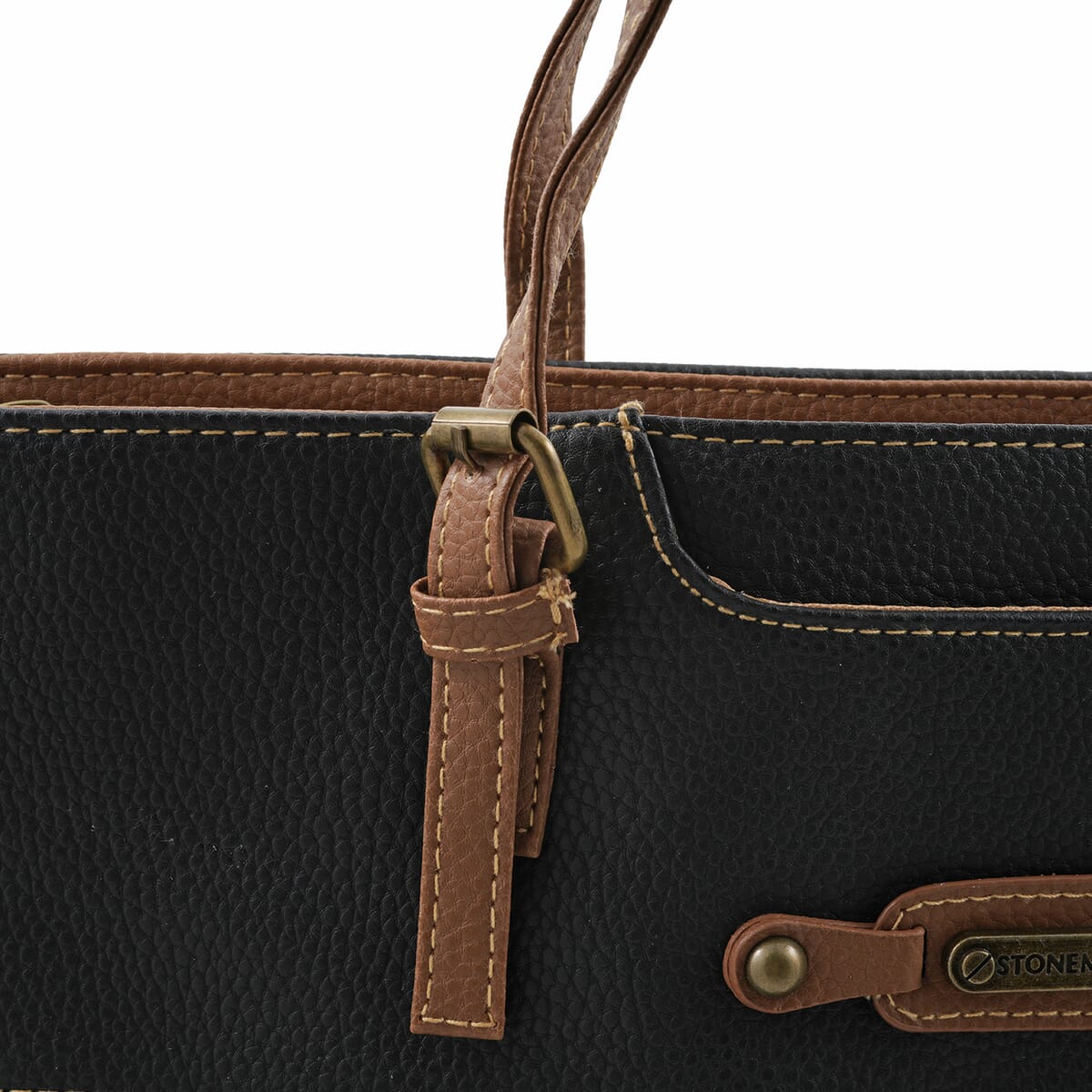 Stone Mountain Black & Tan Leather Zipper Tote Bag image number 4
