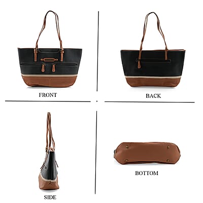Stone Mountain Black & Tan Leather Zipper Tote Bag (17x12.25x3)