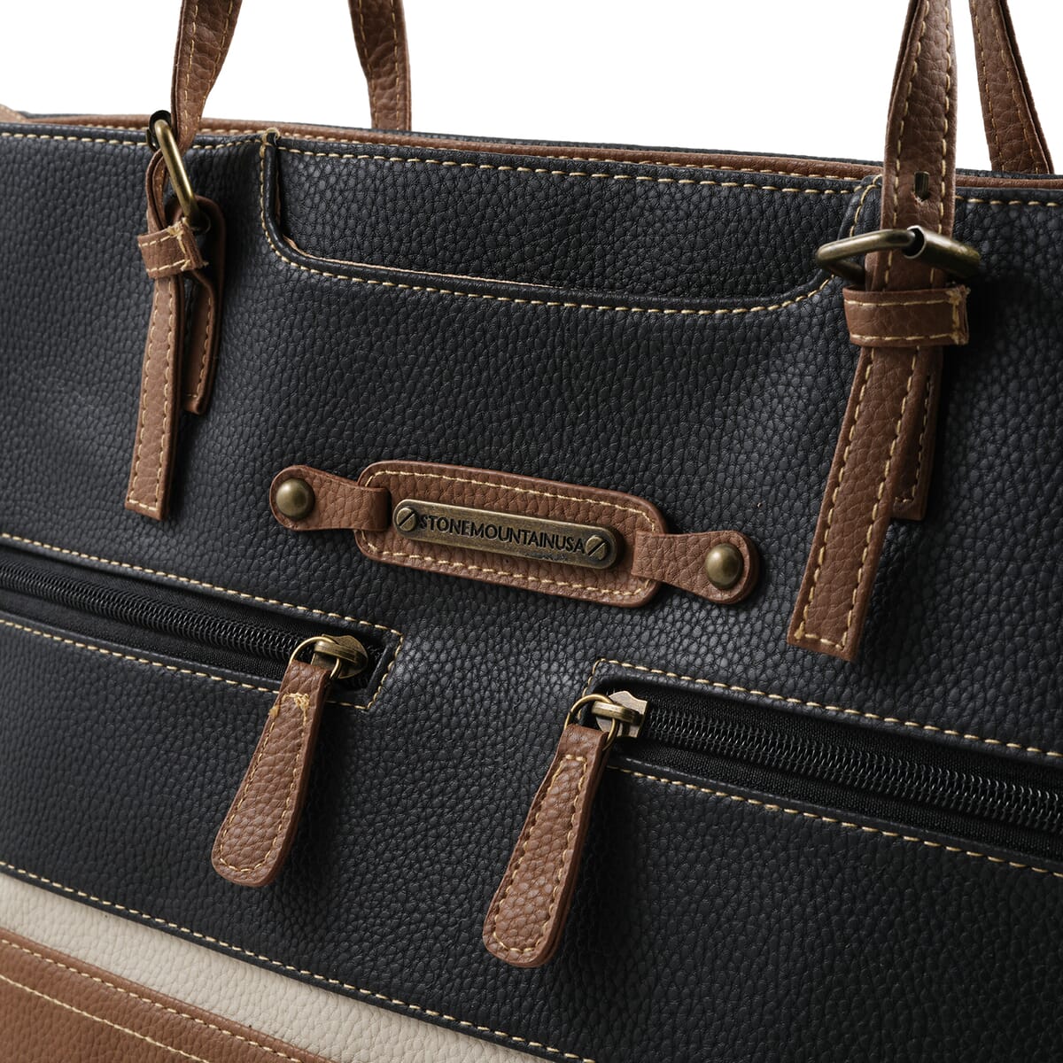 Stone Mountain Black & Tan Leather Zipper Tote Bag image number 6