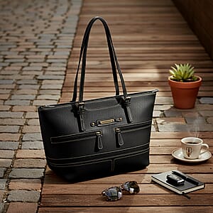 Stone Mountain Black Leather Zipper Tote Bag