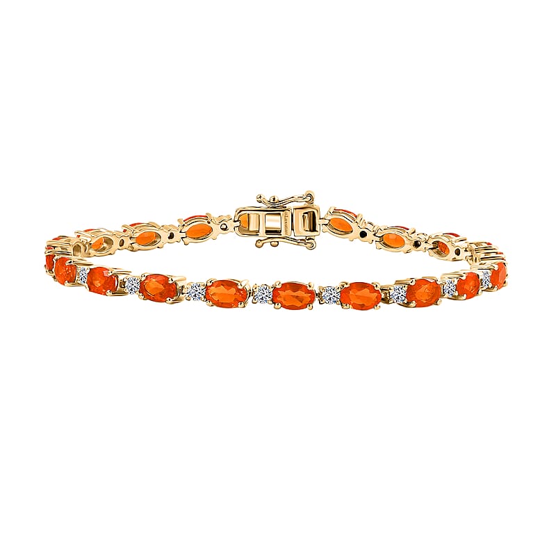 AAA Fire Opal and Luxuriant Lab Grown Diamond I2 7.40 ctw Bracelet in 18K Vermeil Yellow Gold Over Sterling Silver (7.50 In)