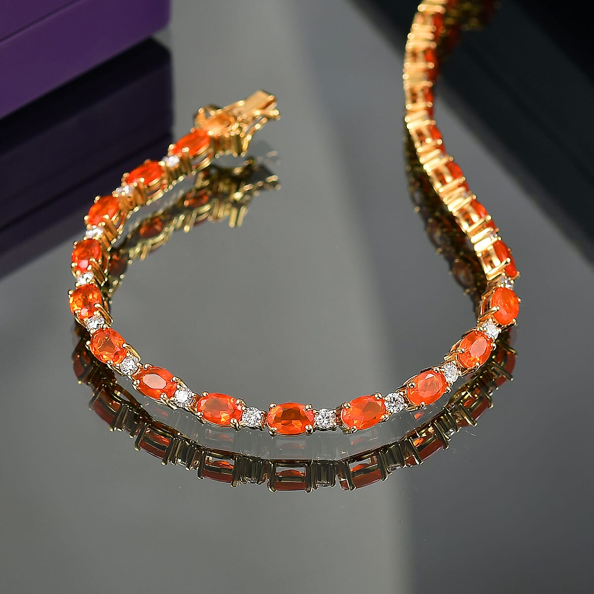 AAA Fire Opal and Luxuriant Lab Grown Diamond I2 7.40 ctw Bracelet in 18K Vermeil Yellow Gold Over Sterling Silver (7.50 In) image number 1