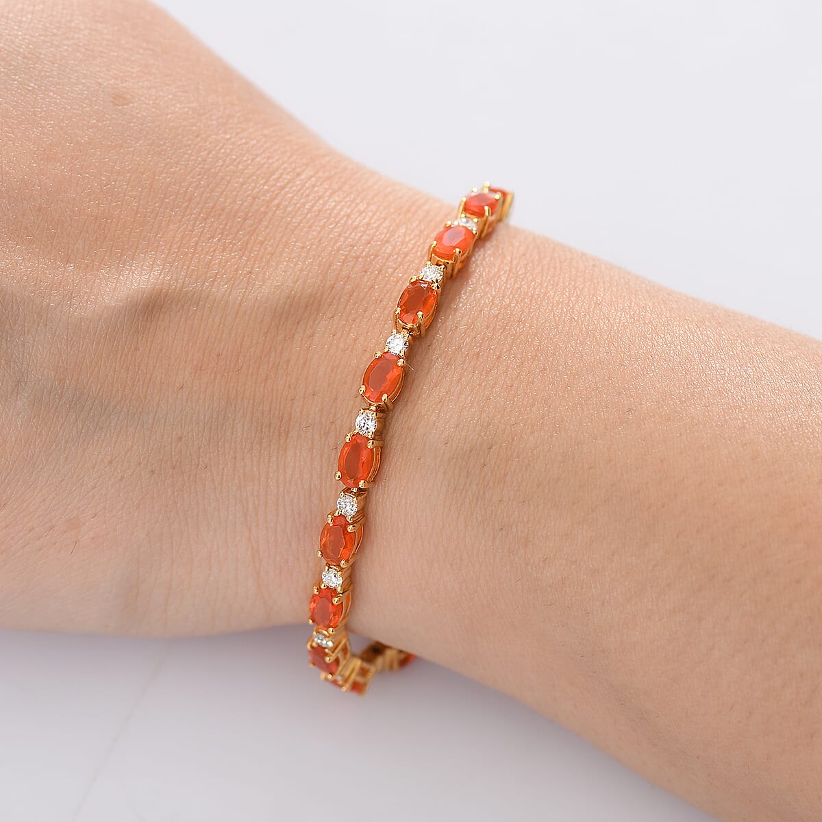 AAA Jalisco Fire Opal and Luxuriant Lab Grown Diamond I2 8.15 ctw Bracelet in 18K Vermeil Yellow Gold Over Sterling Silver (8.00 In) image number 2