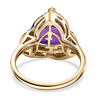 10K Yellow Gold AAA Brejinho Amethyst (Trillion), Luxuriant Lab Grown Diamond (G-H, SI) (0.46 cts) Ring (Size 12.0) 6.02 ctw