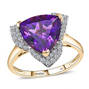 10K Yellow Gold AAA Brejinho Amethyst (Trillion), Luxuriant Lab Grown Diamond (G-H, SI) (0.46 cts) Ring (Size 5.0) 6.02 ctw