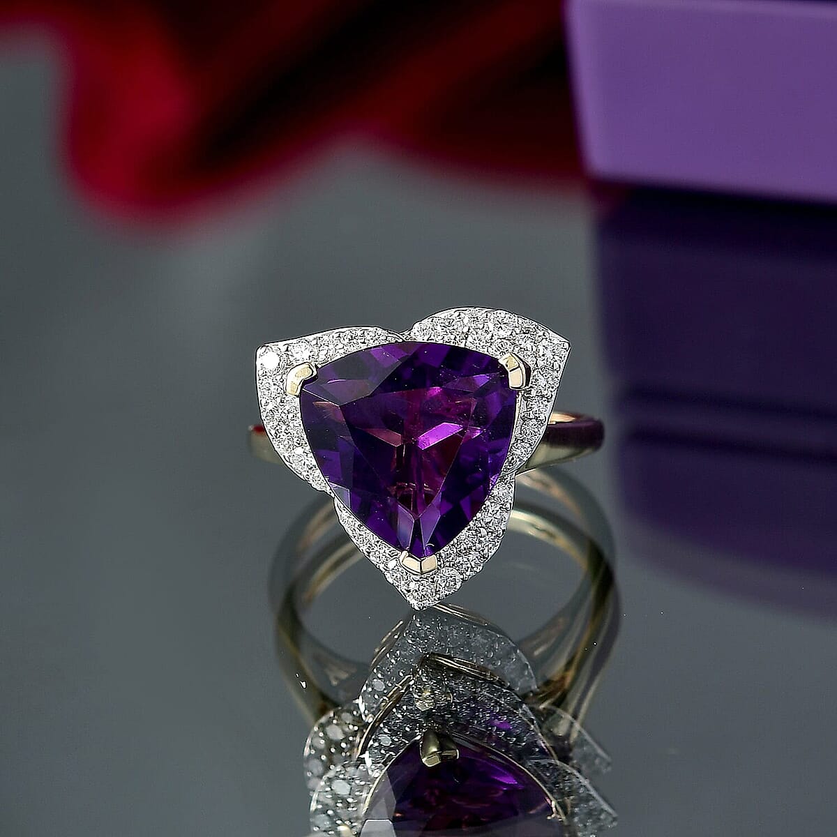 10K Yellow Gold AAA Brejinho Amethyst (Trillion), Luxuriant Lab Grown Diamond (G-H, SI) (0.46 cts) Ring (Size 5.0) 6.02 ctw image number 1
