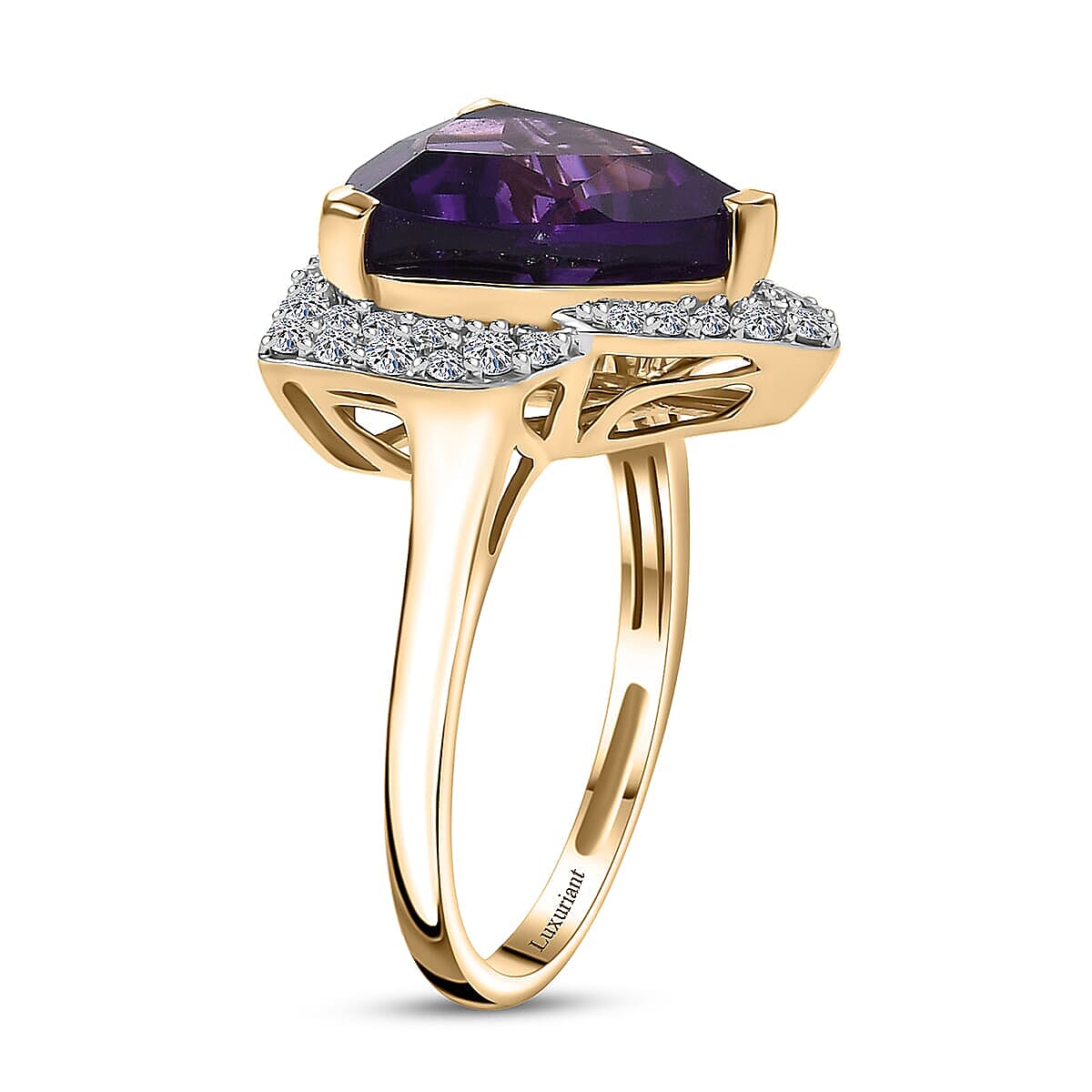 10K Yellow Gold AAA Brejinho Amethyst (Trillion), Luxuriant Lab Grown Diamond (G-H, SI) (0.46 cts) Ring (Size 5.5) 6.02 ctw image number 2